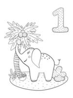 illustrazione vettoriale. contando da 1 a 10. numero 1, pagina da colorare. simpatico elefante con cocco. attività prescolare per bambini, disegno. vettore