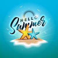 Godetevi l&#39;illustrazione di vacanze estive con tipografia lettera e occhiali da sole su sfondo blu oceano. Disegno vettoriale con stelle marine e Beach Ball su Paradise Island
