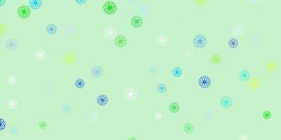 struttura di doodle di vettore blu chiaro, verde con fiori.