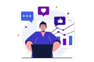 social media marketing moderno concetto piatto per il design di banner web. il marketer maschio lavora al laptop, analizza i dati pubblicitari, online promuove il business. illustrazione vettoriale con scena di persone isolate