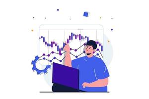 concetto piatto moderno del mercato azionario per la progettazione di banner web. l'uomo analizza grafici e statistiche finanziarie, investe denaro e guadagna in borsa. illustrazione vettoriale con scena di persone isolate