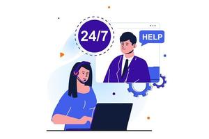 donne che lavorano moderno concetto piatto per la progettazione di banner web. la donna lavora nel call center, si consulta con il cliente e risponde alle chiamate 24 ore su 24 presso l'helpdesk. illustrazione vettoriale con scena di persone isolate