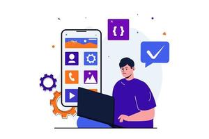 sviluppo di app moderno concetto piatto per il design di banner web. il designer maschio lavora su laptop, sviluppa l'interfaccia del programma di usabilità e posiziona i pulsanti del menu. illustrazione vettoriale con scena di persone isolate