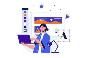 concetto piatto moderno di web designer per il design di banner web. la donna crea contenuti per riempire il sito, lavora con la grafica digitale utilizzando strumenti di disegno sul laptop. illustrazione vettoriale con scena di persone isolate