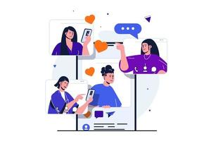 social network moderno concetto piatto per il design di banner web. uomini e donne chattano in messenger sui telefoni cellulari, comunicano online, pubblicano foto e notizie. illustrazione vettoriale con scena di persone isolate