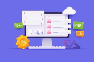 illustrazione 3d del concetto di sviluppo e programmazione web. composizione dell'icona con impostazioni di pagina sullo schermo del computer, cloud computing, codifica, php, script java. illustrazione vettoriale per il web design moderno