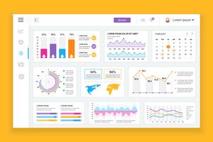 Modello di progettazione di vettore del pannello di amministrazione del cruscotto con elementi infographic, grafico, diagramma, grafica di informazioni. Dashboard del sito web per la pagina Web di design di ui e ux. Illustrazione vettoriale