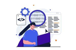 programmatore che lavora moderno concetto piatto per la progettazione di banner web. sviluppatore maschio analizza e ottimizza il codice, configura il software e lavora su laptop. illustrazione vettoriale con scena di persone isolate