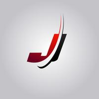 logo iniziale J Letter con swoosh colorato di rosso e nero vettore