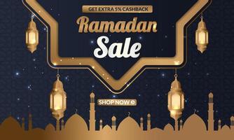 ramadan kareem vendita offerta banner design con ornamento lanterna luna sfondo per poster promozionale, modello di social media, sconto, regalo, buono, intestazione web e banner, biglietto di auguri di eid mubarak vettore