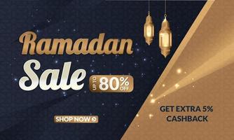 ramadan kareem vendita offerta banner design con ornamento lanterna luna sfondo per poster promozionale, modello di social media, sconto, regalo, buono, intestazione web e banner, biglietto di auguri di eid mubarak vettore