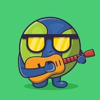 mascotte del personaggio della terra kawaii che suona la chitarra cartone animato isolato in un design piatto vettore