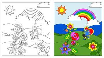 fiori e farfalle libro da colorare o pagina, educazione per bambini, illustrazione vettoriale. vettore