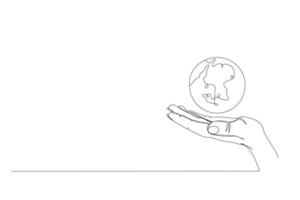 disegno continuo di una linea. mano che tiene il globo terrestre. illustrazione vettoriale. vettore