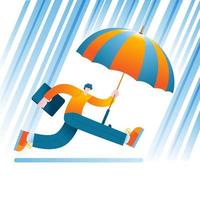 un uomo con un laptop e un ombrello corre sotto la pioggia vettore