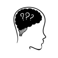 testa grande doodle disegnato a mano con punti interrogativi all'interno del vettore icona del cervello