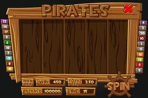 menu dei pirati dell'interfaccia completa per le slot machine. menu in legno con icone e pulsanti per il gioco. vettore