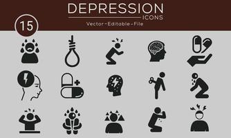 icone del concetto di depressione impostate. contiene tali icone per la risoluzione dei problemi, la depressione, l'analisi, la soluzione e altro, può essere utilizzato per il Web e le app. vettore libero disponibile.