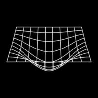 mesh con distorsione convessa. griglia piana dell'onda bianca. modello wireframe futuristico a griglia distorta. Forma geometrica di curvatura 3d con linea ondulata curva su sfondo nero. illustrazione vettoriale isolata.