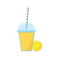 limonata al limone in vetro con cappuccio e illustrazione di paglia. fetta di limone con succo fresco su sfondo bianco. cocktail di frutta ghiacciata in tazza. bevanda salutare. vettore isolato.