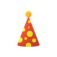 illustrazione rossa e gialla del cappello della festa di compleanno. decorazione per le vacanze. tappo a cono colorato divertente cartone animato per anniversario di celebrazione, Natale, compleanno. vettore isolato.