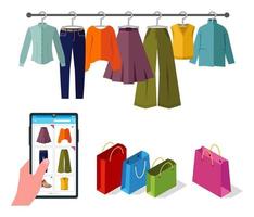 illustrazione vettoriale, concetto di negozio di abbigliamento online. fare la spesa, comprare vestiti, scarpe. prodotti del negozio di abbigliamento sullo schermo dello smartphone. collezione di vestiti su una gruccia, guardaroba autunno-inverno vettore