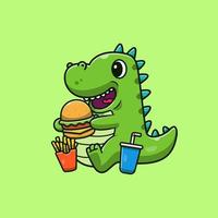 simpatico dinosauro che mangia hamburger, patatine fritte e bevanda fumetto icona vettore illustrazione. concetto di icona di cibo per animali isolato vettore premium. stile cartone animato piatto