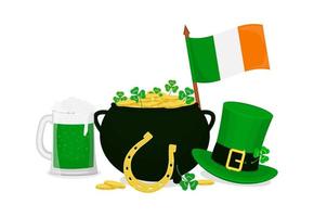insieme di elementi del giorno di san patrizio. cappello da folletto, bandiera irlandese, trifoglio, pentola di monete, birra verde, ferro di cavallo dorato. vettore