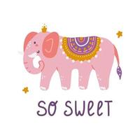 divertente elefante rosa con corona, scritte a mano così dolci, illustrazione piatta vettoriale in stile disegnato a mano, stampa per abbigliamento, prodotti di carta