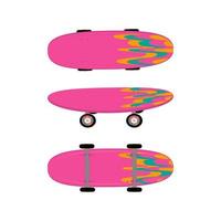immagine isolata skateboard rosa brillante su sfondo bianco. vista superiore, inferiore e laterale dello skateboard. illustrazione vettoriale
