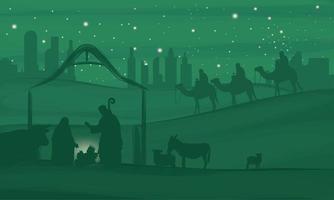 scena di notte verde del paesaggio della natività con il vettore del mangano delle stelle