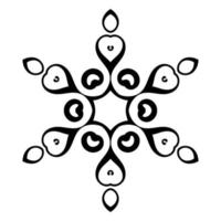 fiocco di neve rotondo ornamentale nero doodle, fiore isolato su sfondo bianco. contorno mandala. elemento cerchio geometrico. vettore