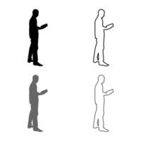 uomo in piedi lettura silhouette concetto apprendimento documento icona set grigio nero colore illustrazione contorno piatto stile semplice immagine vettore