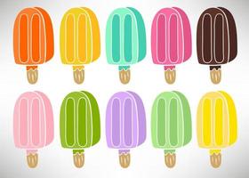 set colorato di gelato con succo di frutta, cioccolato isolato su sfondo bianco. ghiacciolo su un bastoncino. vettore