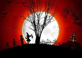 tomba di halloween su sfondo di luna piena con bambine vettore