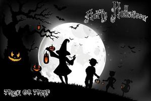 sfondo di halloween sulla luna piena con una bambina sulla luna piena vettore