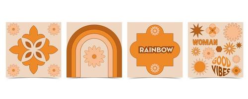 collezione di design hippie con fiori d'arancio, sole, arcobaleno per i social media vettore