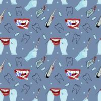 divertente modello senza cuciture di cartone animato denti sani che controllano i denti dal dentista, spazzolini da denti, filo interdentale, dentifricio. vettore