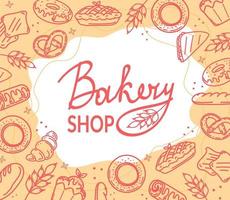 banner o poster con diversi prodotti da forno e dessert disegnati a mano, illustrazione vettoriale in stile doodle su sfondo bianco. modello di progettazione del negozio di pane e panini.
