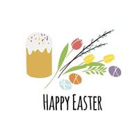 illustrazione vettoriale Pasqua con simboli tradizionali pasquali raccolta- torta di Pasqua e uova, fiori primaverili cartolina d'auguri di buona Pasqua in colore pastello su bianco