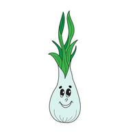 simpatico personaggio dei cartoni animati di cipolla verde fresca. verdura primaverile con faccia buffa vettore