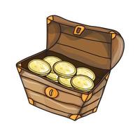 scatola di legno luminosa tesoro, illustrazione vettoriale di petto con oro, lotto di monete