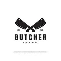 design del logo dell'etichetta della carne vintage retrò con machete incrociato, simbolo, modello vettoriale