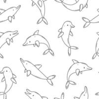 sfondo bianco e nero senza cuciture con simpatici delfini in stile doodle cartone animato. sfondo di illustrazione vettoriale. vettore
