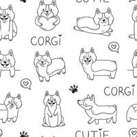 sfondo bianco e nero senza cuciture con simpatici cani corgi e scritte in stile doodle cartone animato. sfondo di illustrazione vettoriale. vettore