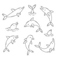 set di simpatici delfini in bianco e nero in semplice stile doodle. illustrazione vettoriale. vettore