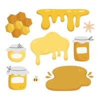 miele con oggetti in stile doodle cartone animato isolato su priorità bassa bianca. illustrazione vettoriale. miele, ape, alveare, fiore. vettore