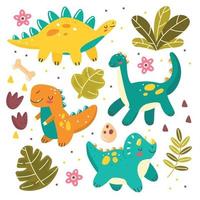 set con simpatici dinosauri, foglie in stile cartone animato. illustrazione vettoriale per bambini isolato su sfondo.