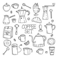 carino doodle set con caffè e accessori per il caffè. illustrazione del disegno a mano della linea vettoriale per la caffetteria.