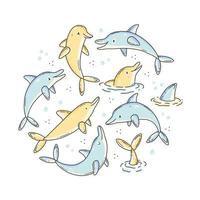 set di doodle con simpatici personaggi delfini a forma di cerchio. illustrazione vettoriale in colori pastello.